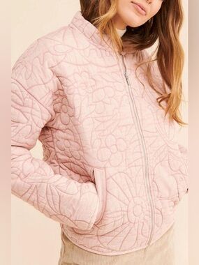 Anthropologie Relaxed Quilted Floral Jacket Dusty Pink Zip Front XL